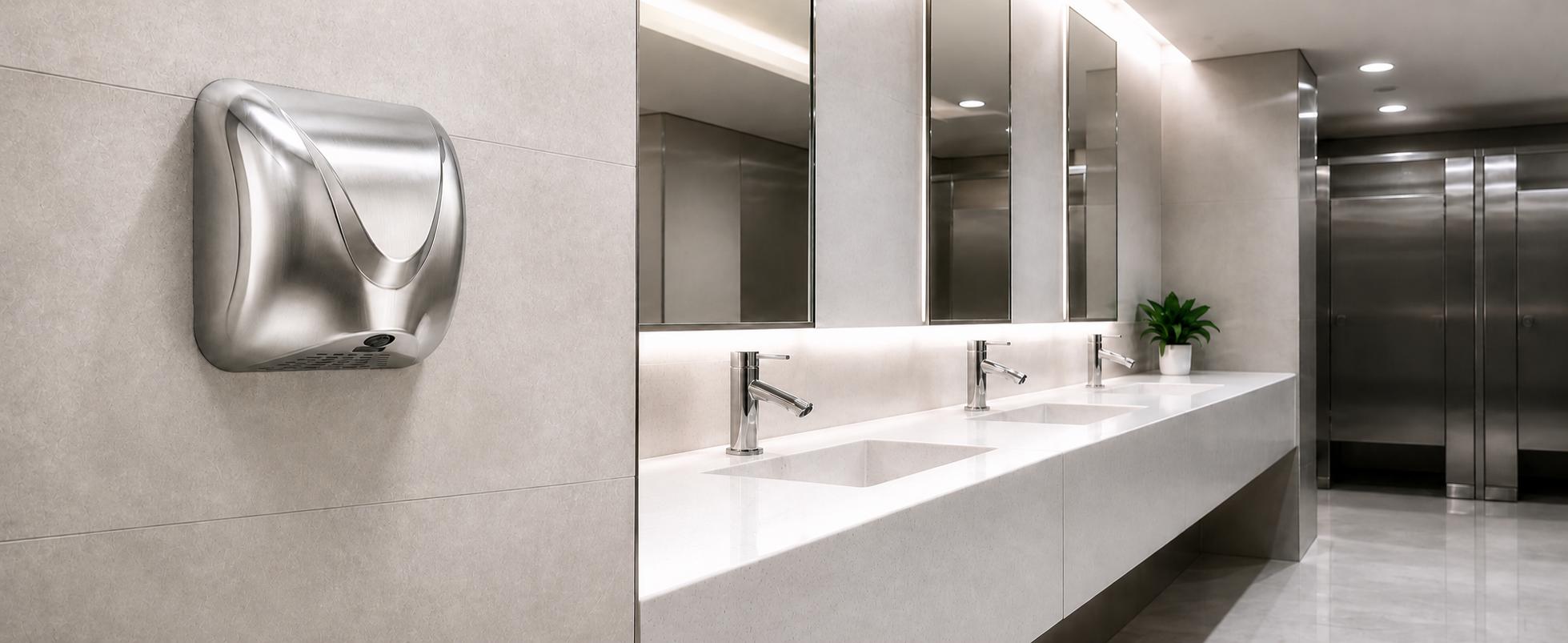 DRYTA FG3600 stainless steel hand dryer installed in a modern commercial restroom