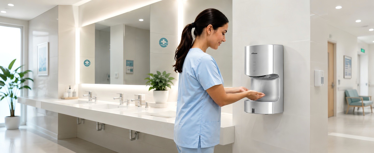 Silver DRYTA FG2630T single-side jet hand dryer used in a high-traffic commercial washroom