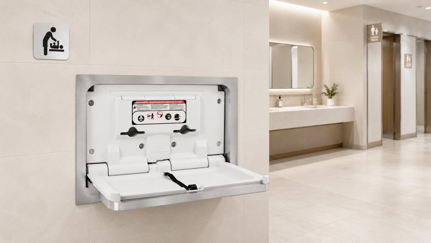stainless steel baby changing station installed in a bright family restroom for commercial buildings