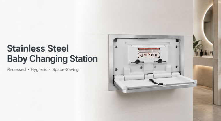 recessed stainless steel baby changing station installed in a modern washroom